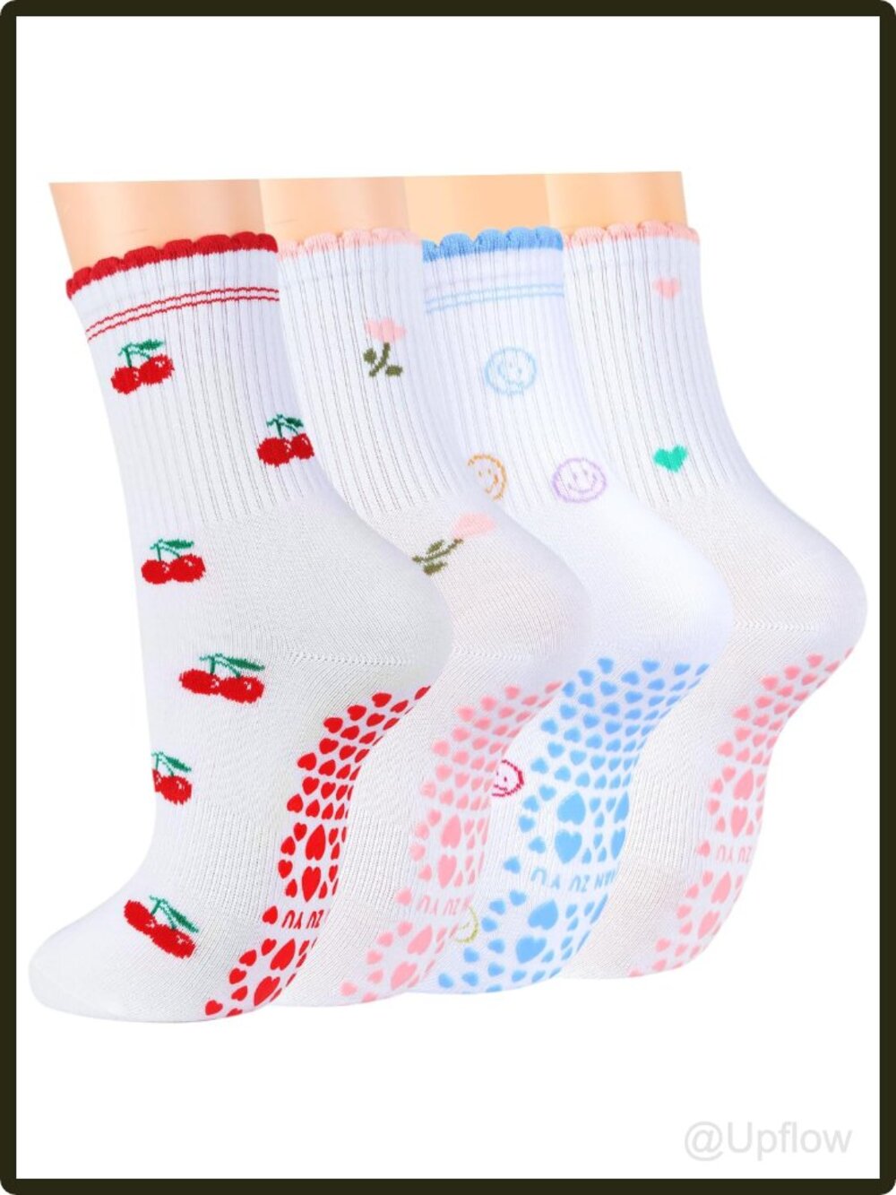 Women's Grip Pilates Crew Socks Non Slip Yoga Barre Sticky Socks 4 Pairs